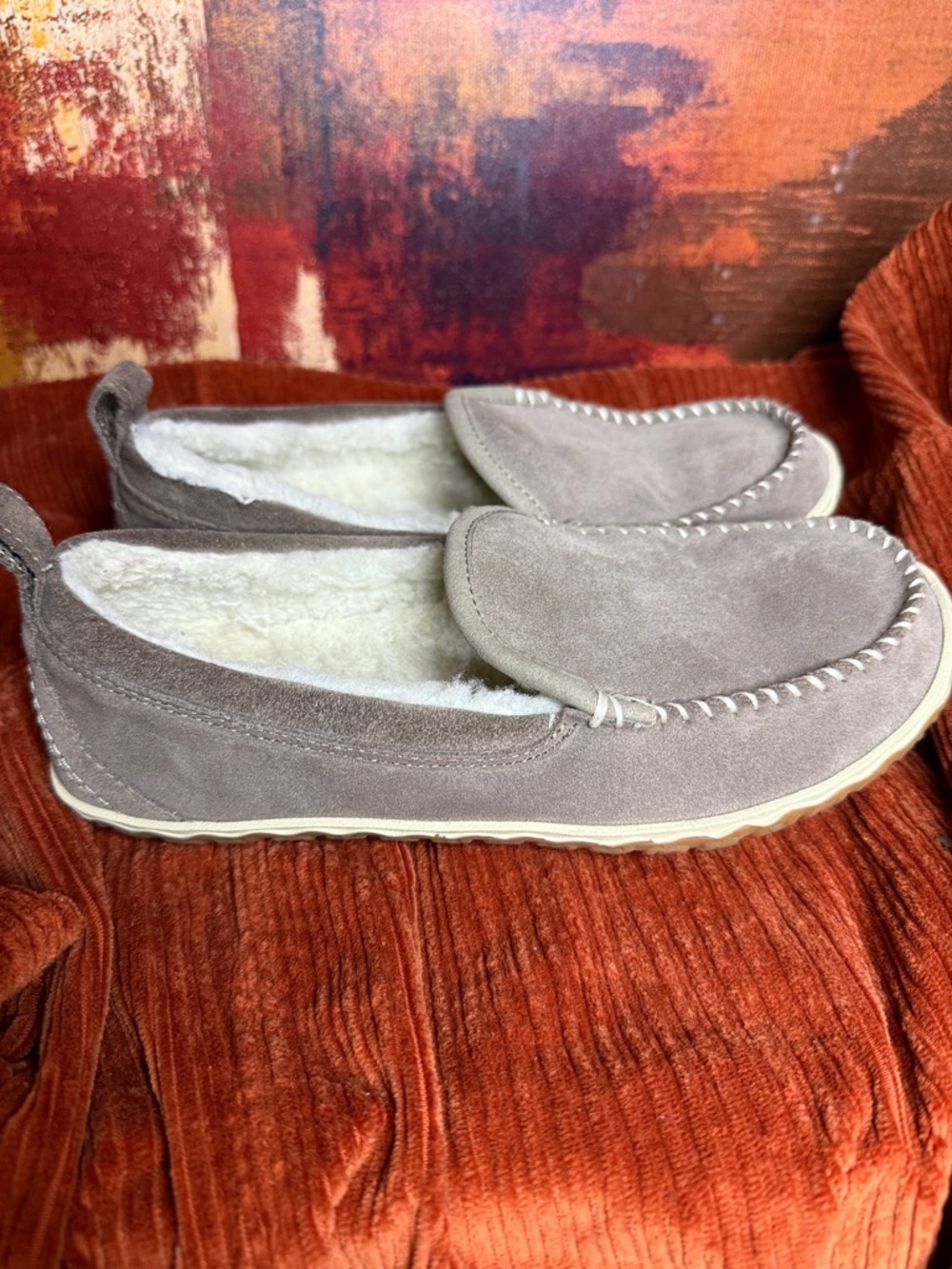 L.L. Bean Taupe Suede Fleece-Lined Moccasin Slippers